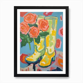 Painting Of Roses Flowers And Cowboy Boots, Oil Style 4 Art Print