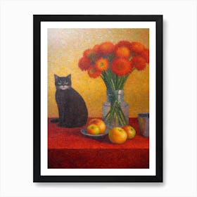 Aster With A Cat 4 Pointillism Style Art Print