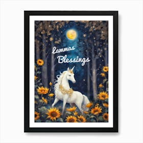 Lammas Blessings - Lucky White Unicorn - Fae Creatures by Sarah Valentine with Sunflowers and Full Moon Art Print