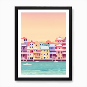 Seaside Oil Paints Marina Townhouses Blue Sea Pastel Muted Pinks Peach Sky Art Print