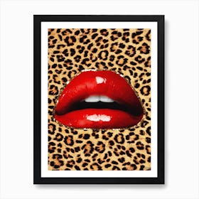 Leopard Lip Glitter Collage Red & Brown Art Print