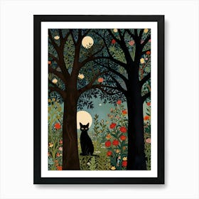 Cat In The Moonlight Style William Morris 11 Art Print