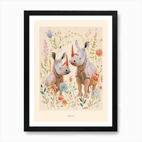 Folksy Floral Animal Drawing Rhino Poster Art Print