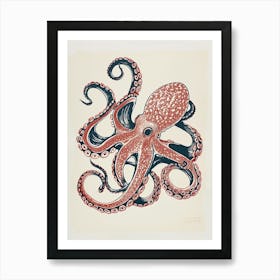 Linocut Red Navy Octopus 2 Art Print