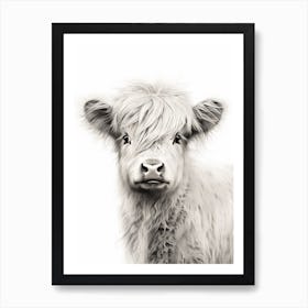 Black & White Illustration Of Baby Highland Cow Art Print