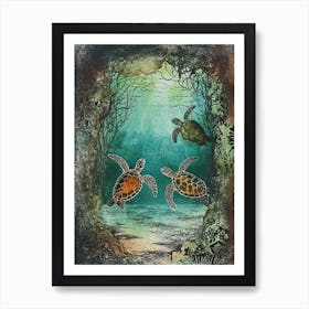 Sea Turtles In An Underwater World Textured Illustration 4 Art Print