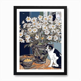 Drawing Of A Still Life Of Daisies With A Cat 1 Art Print