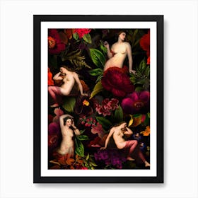 Antique Nymphs In Flower Night Garden Art Print