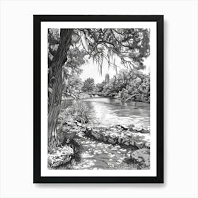 Hamilton Pool Preserve Austin Texas Black And White Drawing 1 Art Print