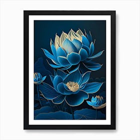 Blue Lotus Retro Illustration 1 Art Print