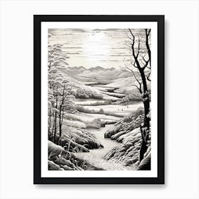 Aso Kuju National Park In Kumamoto, Ukiyo E Black And White Line Art Drawing 1 Art Print