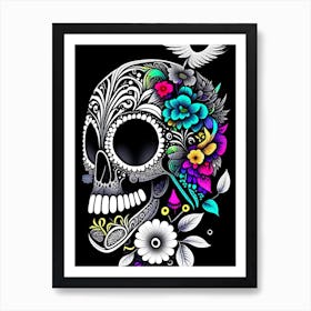 Skull With Bird Motifs 3 Colourful Doodle Art Print