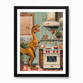 Dinosaur Baking In The Kitchen Retro Abstract Collage 1 Art Print