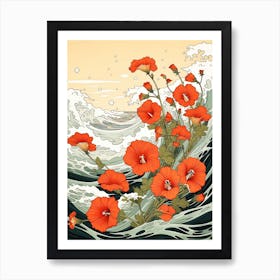 Great Wave With Nasturtium Flower Drawing In The Style Of Ukiyo E 2 Art Print