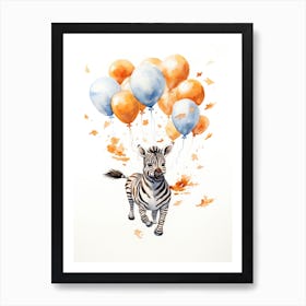 Zebra Flying With Autumn Fall Pumpkins And Balloons Watercolour Nursery 3 Art Print