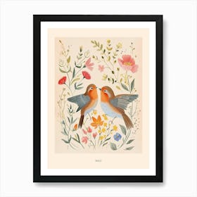 Folksy Floral Animal Drawing Bird Poster Art Print