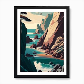 Coastal Cliffs And Rocky Shores Waterscape Retro Illustration 2 Art Print