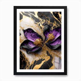 Black And Purple Flowers On Marble Art Print