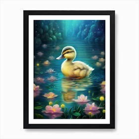 Duckling Swimming In The Pond In The Moonlight Pencil Illustration 4 Art Print