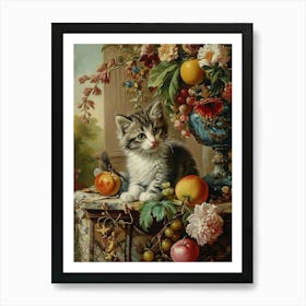 Cat & Fruit Rococo Inspired Painting 1 Art Print