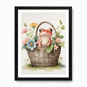 Cute Pink Frog In A Floral Basket (16) Art Print
