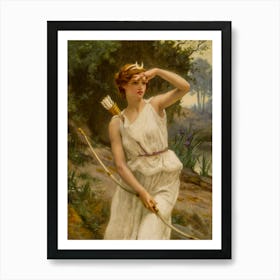 2nd Painting of "Diana the Huntress" by Guillaume Seignac (1870-1924) in HD | Remastered Immaculate Copy. Signed bottom left. Diana the Huntress painting, Guillaume Seignac art, classical mythology art, fine art nude, goddess Diana artwork, vintage oil painting, Art Nouveau style, mythological wall art, French academic painter, romantic realism painting, Artemis the Huntress, antique art reproduction, collectible fine art, feminine beauty painting, 19th-century artwork, elegant goddess decor, timeless classical art, mythology-inspired decor, French artist Guillaume Seignac, museum-quality prints. Art Print