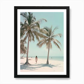 Woman Walking On Beach With Palm Trees Art Print