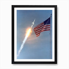 The American Flag Heralds The Flight Of Apollo 11, Man S First Lunar Landing Mission Art Print