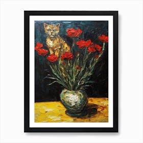 Still Life Of Carnations With A Cat 2 Art Print