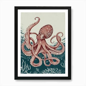 Red & Navy Octopus Linocut Inspired In The Ocean 4 Art Print