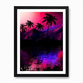 Neon landscape: Pink purple tropical beach [synthwave/vaporwave/cyberpunk] — aesthetic retrowave neon poster Art Print