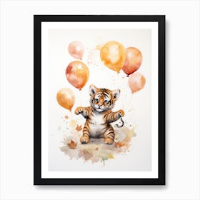 Tiger Flying With Autumn Fall Pumpkins And Balloons Watercolour Nursery 4 Art Print