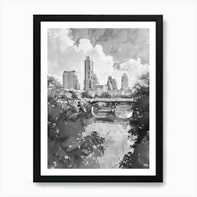 Red River Cultural District Austin Texas Black And White Watercolour 2 Art Print