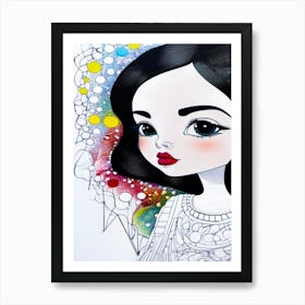 Beautiful Girl With Black Hair, Red Lips, Blue Eyes Art Print