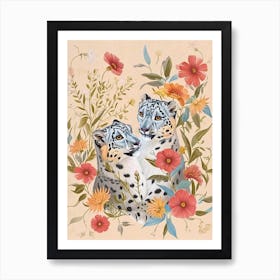 Folksy Floral Animal Drawing Snow Leopard 2 Art Print