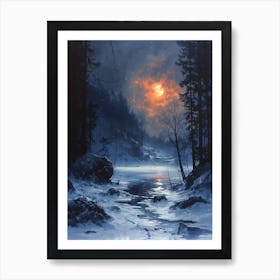 Moonlight In The Woods, Bichromatic, Surrealism, Impressionism Art Print