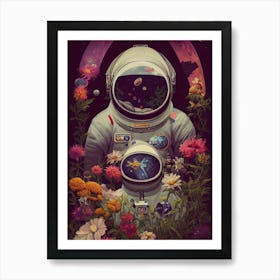 Astronaut Universe Nature Planting Flowers Cosmos Space Flowers Art Print