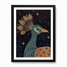 Folky Floral Peacock At Night 4 Art Print