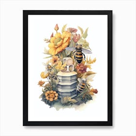 Four Banded Flower Bee Beehive Watercolour Illustration 4 Art Print