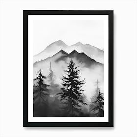 Mountain Forest Black And White Watercolour 1 Art Print