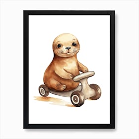 Baby Seal On A Toy Car, Watercolour Nursery 0 Art Print