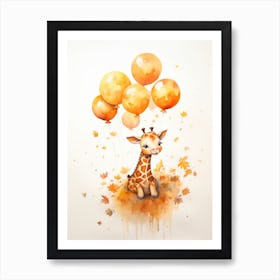 Giraffe Flying With Autumn Fall Pumpkins And Balloons Watercolour Nursery 1 Art Print