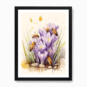 Beehive With Crocus Flower Watercolour Illustration 1 Art Print