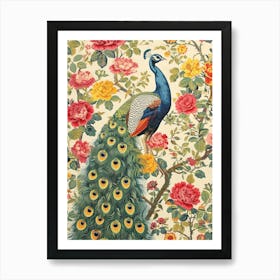 Vintage Peacock With Colourful Flowers Art Print