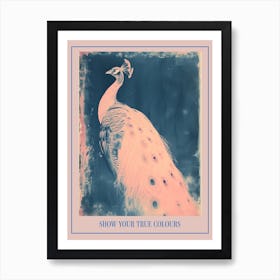 Pink & Blue Cyanotype Peacock Portrait Poster Art Print