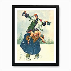 Lucky Old Man With His New Girlfriend On His Back Celebrating A New Year Art Print