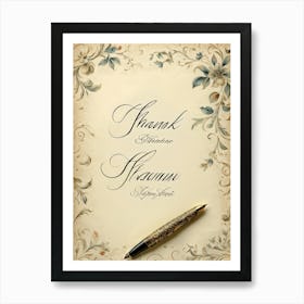 Calligraphy Of An Elegant Thank You Note Swirling And Flourishing Script Positioned Centrally On (2) Art Print