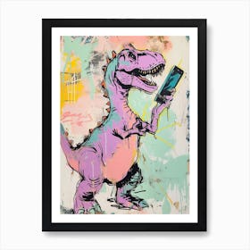 Dinosaur On A Smart Phone Pink Lilac Graffiti Style 2 Art Print