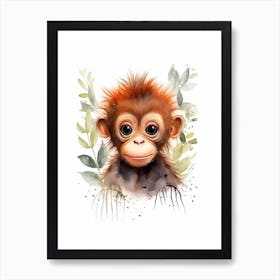Watercolour Jungle Animal Baby Orangutan 3 Art Print