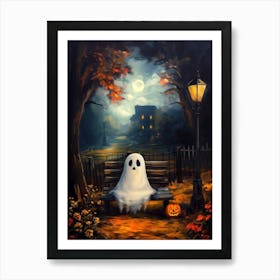 A Cute Ghost With A Pumpkin Lantern Art Print